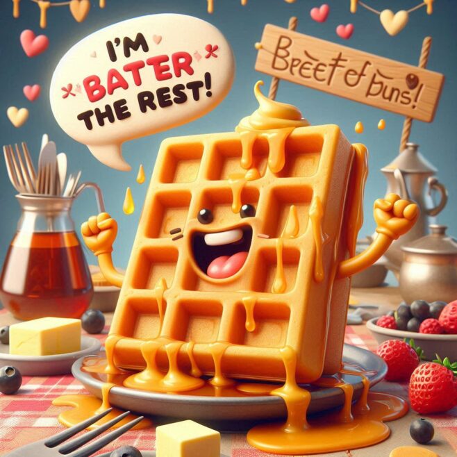 Waffle with syrup and a big grin, flexing its arms, surrounded by fruits and butter.