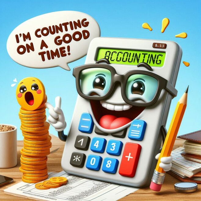 Smiling calculator with glasses, stack of coins, and pencil, says 'I'm counting on a good time!'