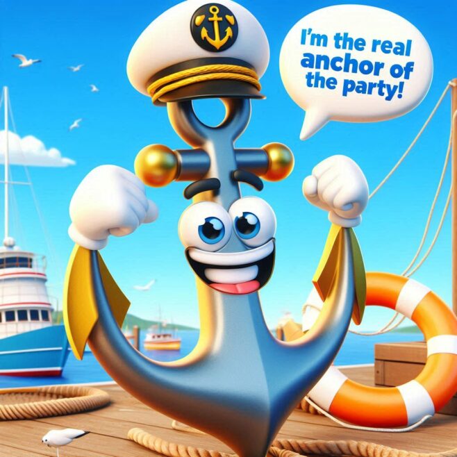 Smiling anchor character in a sailor's cap posing confidently with a speech bubble.