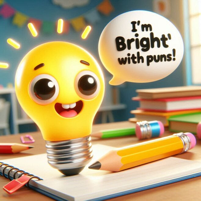 A cheerful light bulb with big eyes, smiling and holding a pencil, surrounded by stationery.
