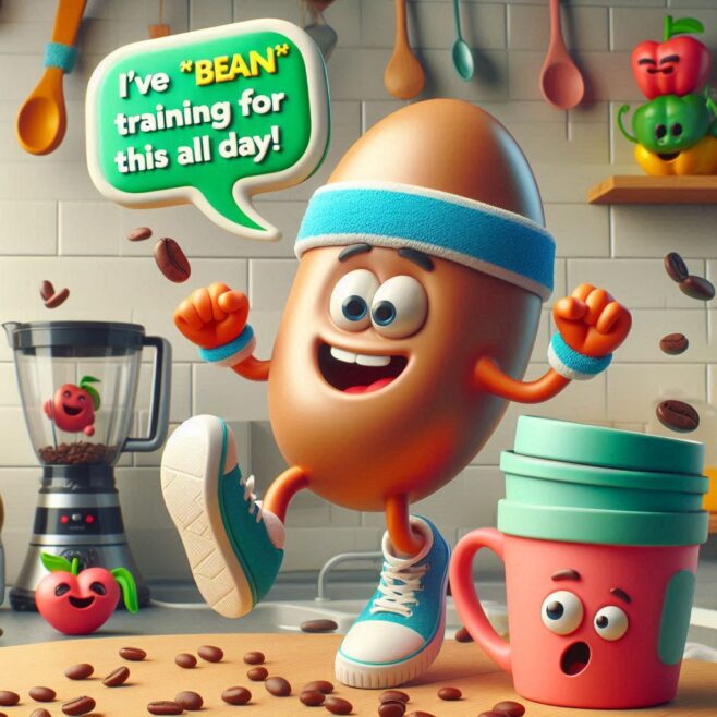 A cartoon coffee bean character in a kitchen, wearing a headband and sneakers, with a speech bubble saying, "I've *BEAN* t...