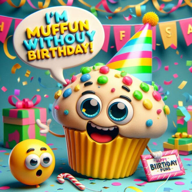 Cheerful cupcake with eyes and party hat saying, "I'm MUFFUN without you!"