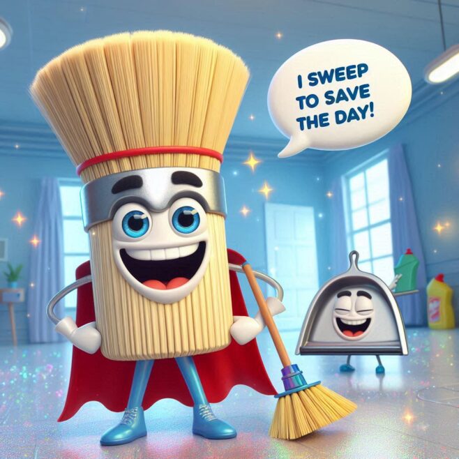 Character with a broom and a bell, saying "I SWEEP TO SAVE THE DAY!"