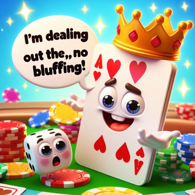 A smiling playing card with a crown, saying 'I’m dealing out the,, no bluffing!' next to a die and poker chips.
