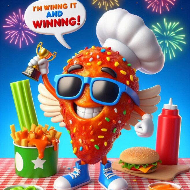 Cheerful, anthropomorphic chicken nugget holding a trophy, wearing sunglasses and a chef's hat.
