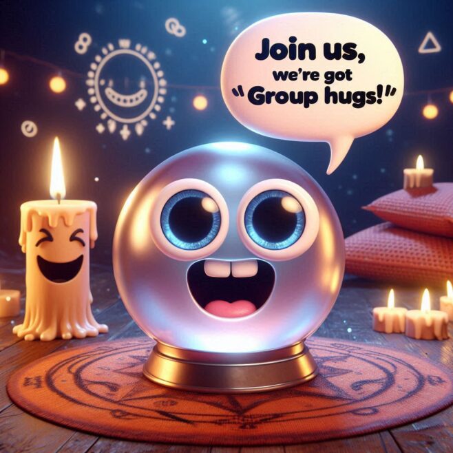A cheerful, glowing crystal ball with big eyes invites you to group hugs.