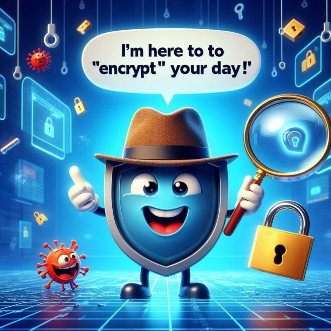 A cheerful shield character with a hat and magnifying glass, holding a lock, with a virus beside it.