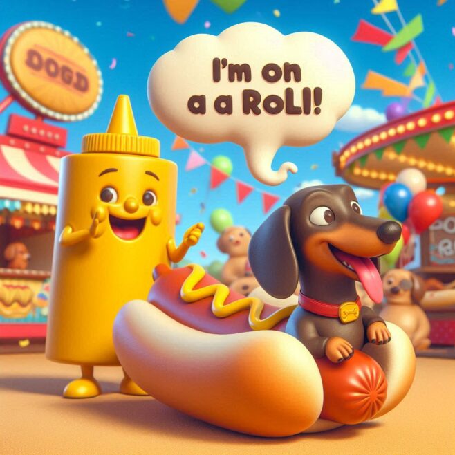 Cartoon mustard character and dachshund on a hot dog, with speech bubble: "I'm on a RoLi!"