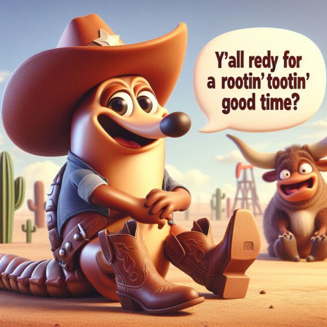 Cartoon character in cowboy hat and boots saying, "Y'all ready for a rootin' tootin' good time?"