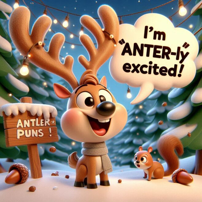 Excited deer with antlers and squirrel in snowy forest, speech bubble saying, "I'm 'ANTER-ly' excited!"