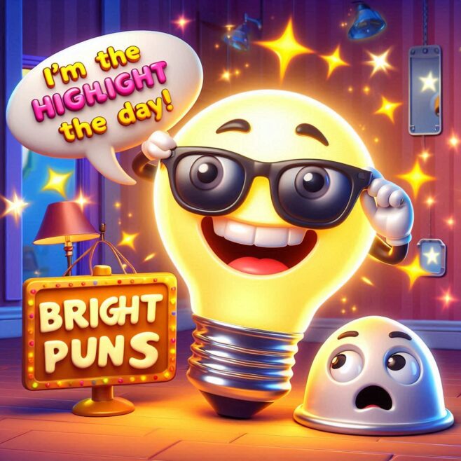 Smiling light bulb with glasses saying, "I'm the HIGHLIGHT of the day!" and a surprised silver bell nearby.