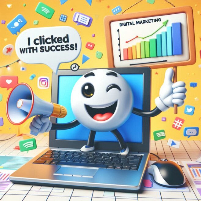 Smiling character with a megaphone beside a laptop, celebrating digital marketing success.