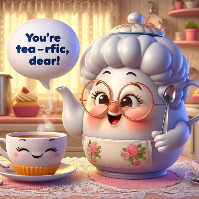 Cheerful teapot with glasses pouring tea into a smiling cup, both in a cozy kitchen.