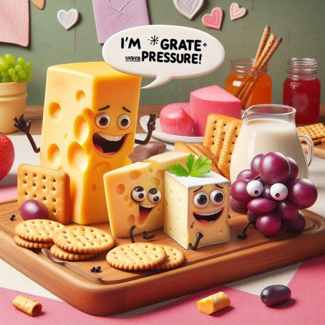 Cheese characters with faces and speech bubbles on a wooden platter with snacks and milk.