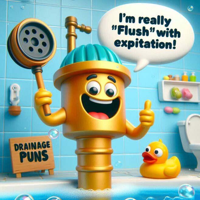 A joyful character holding a plunger with a duck beside in a bathroom setting.