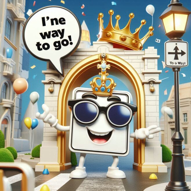 A playful character wearing sunglasses and a crown, standing triumphantly by a decorative arch.