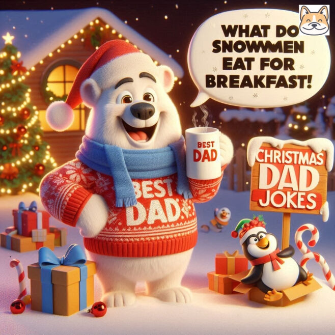 Polar bear in a festive sweater holds a mug, smiling with a penguin nearby. Speech bubble reads: "What do snowmen eat for ...