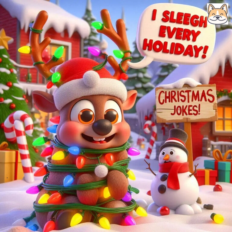 A cheerful reindeer wrapped in Christmas lights, wearing a Santa hat, next to a snowman.