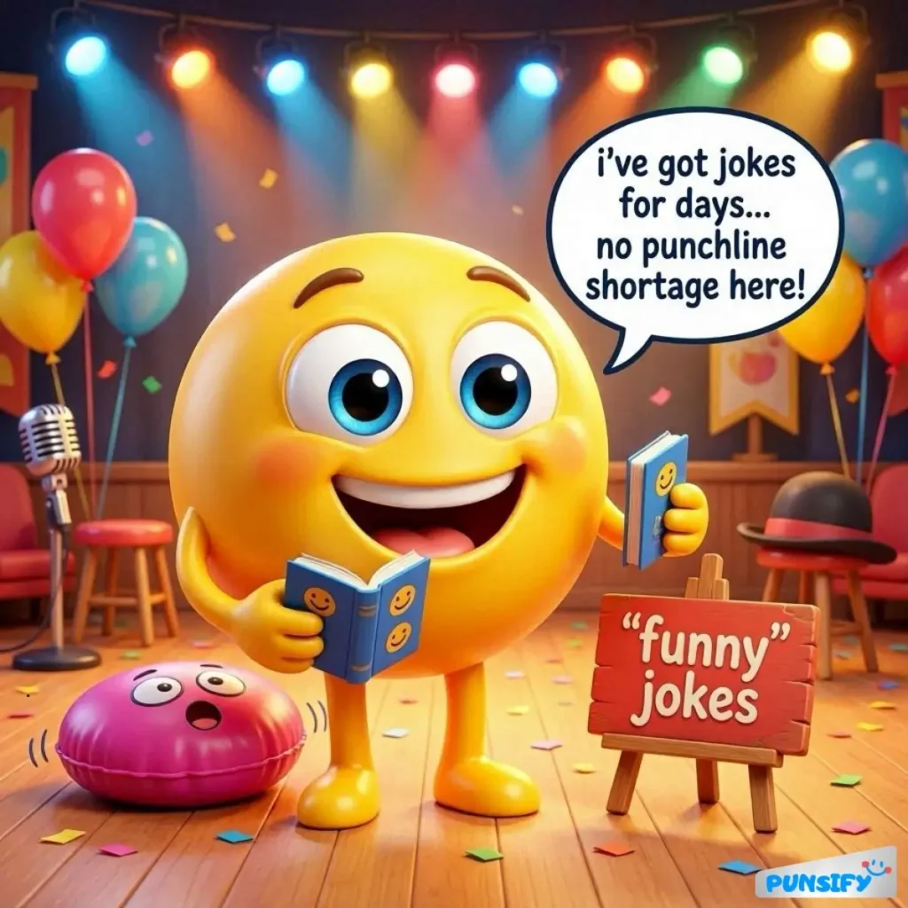 Smiling emoji character holds a book, surrounded by colorful balloons and confetti, with a pink character beside.