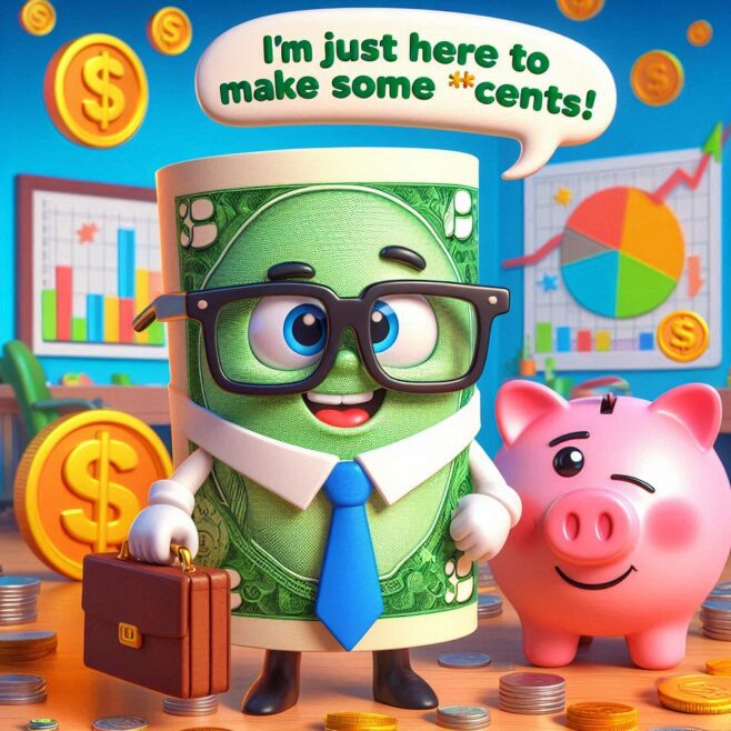 Investing Puns Cheerful dollar bill character with glasses and piggy bank, surrounded by coins and charts.