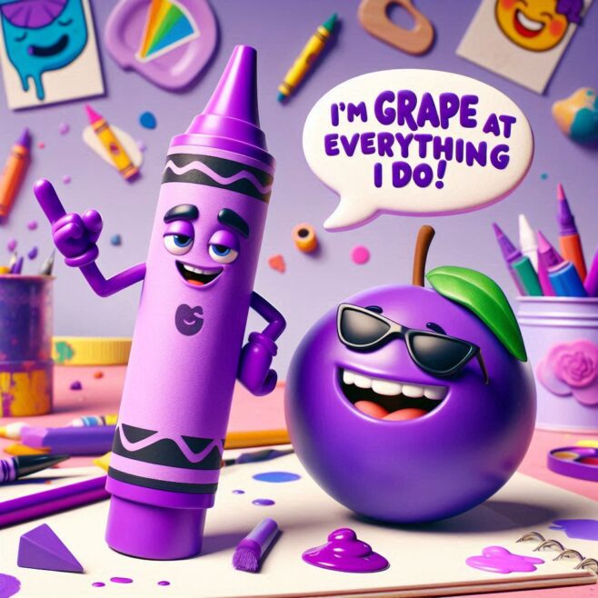 Purple crayon and smiling plum with sunglasses, playful setting filled with art supplies.