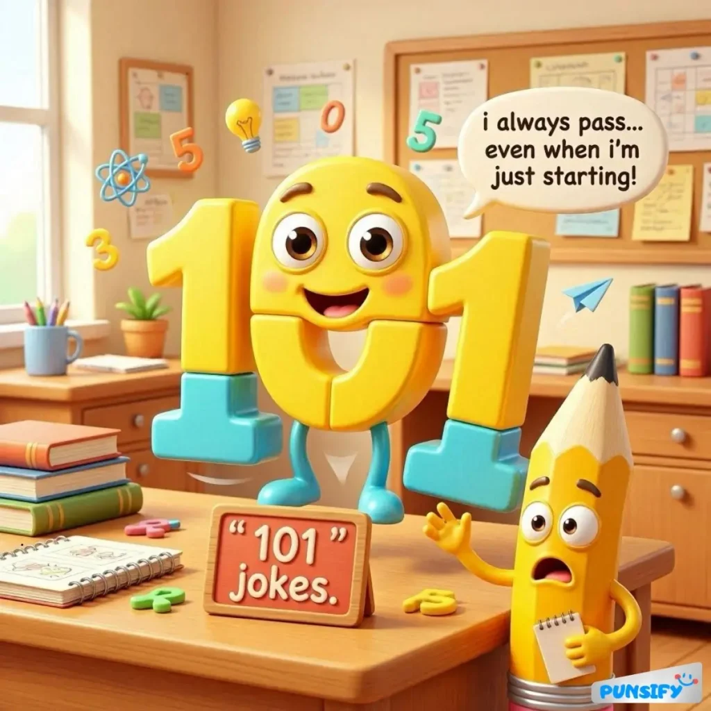 A cheerful number 101 and pencil character in a classroom, humorously sharing jokes.