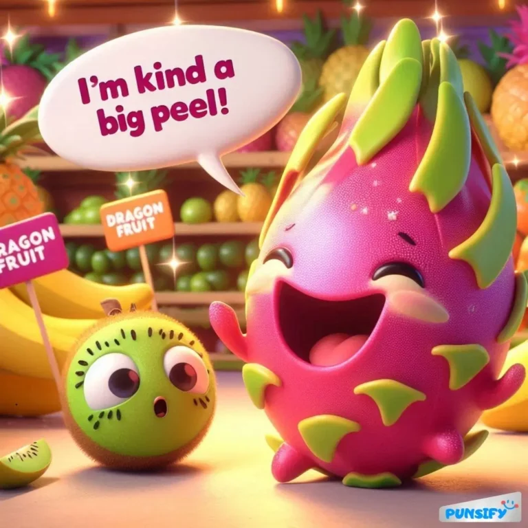 Dragon fruit happily jokes, while a surprised kiwi listens.