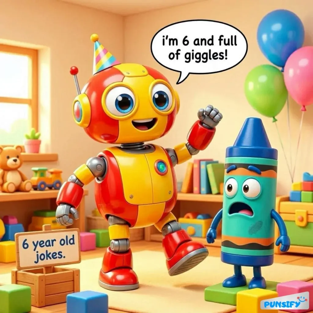 A cheerful robot in a party hat joyfully announces, "I'm 6 and full of giggles!"