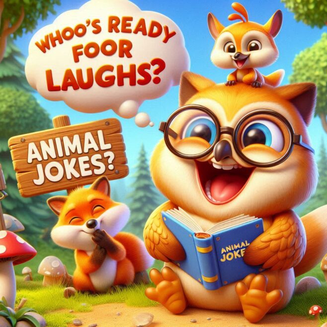 A joyful owl in glasses reads "Animal Jokes?" with two playful animals nearby, one in a speech bubble asking about laughs.