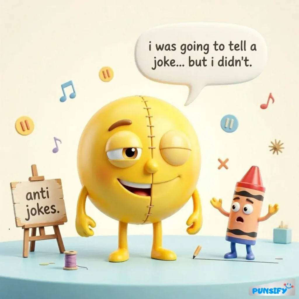 Smiling yellow character with a wink and a crayon beside a sign that says 'anti jokes'.
