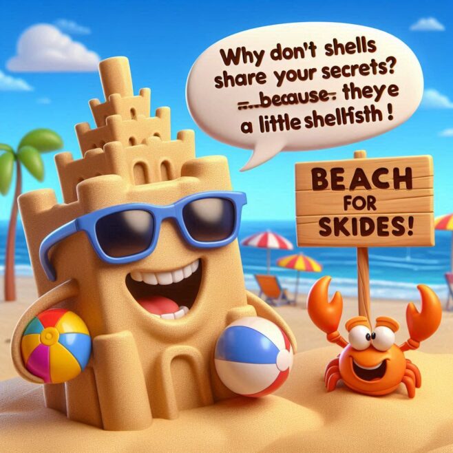Beach Jokes For Kids A cheerful sandcastle wearing sunglasses with a crab and beach elements around.