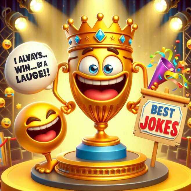 Golden trophy with a smiling face and confetti, holding a sign that says 'Best Jokes.'