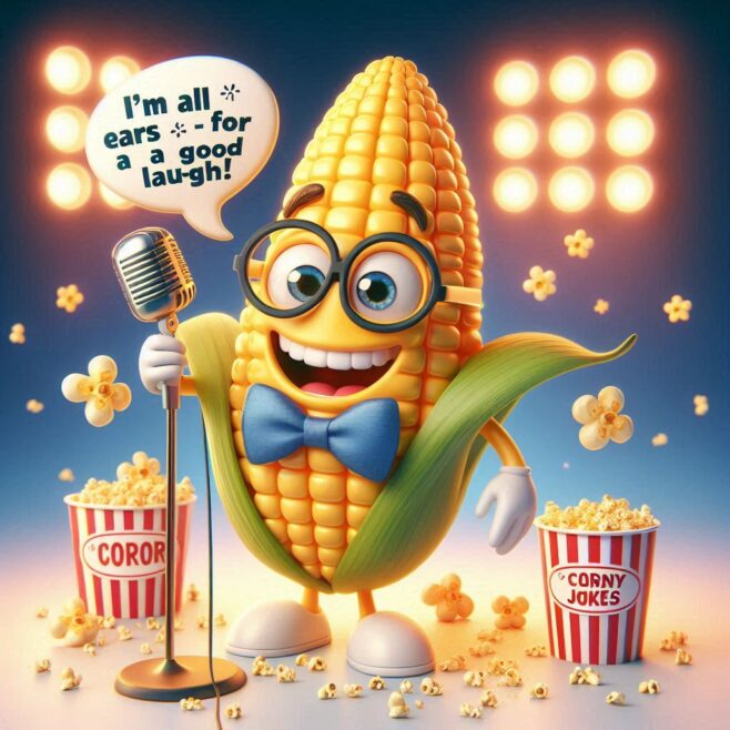 Corn character with glasses and bow tie, holding a microphone and popcorn buckets, ready to entertain.