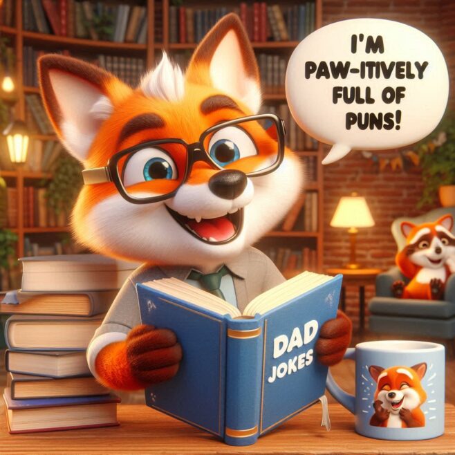 A cheerful fox in glasses with a book on dad jokes, smiling brightly.