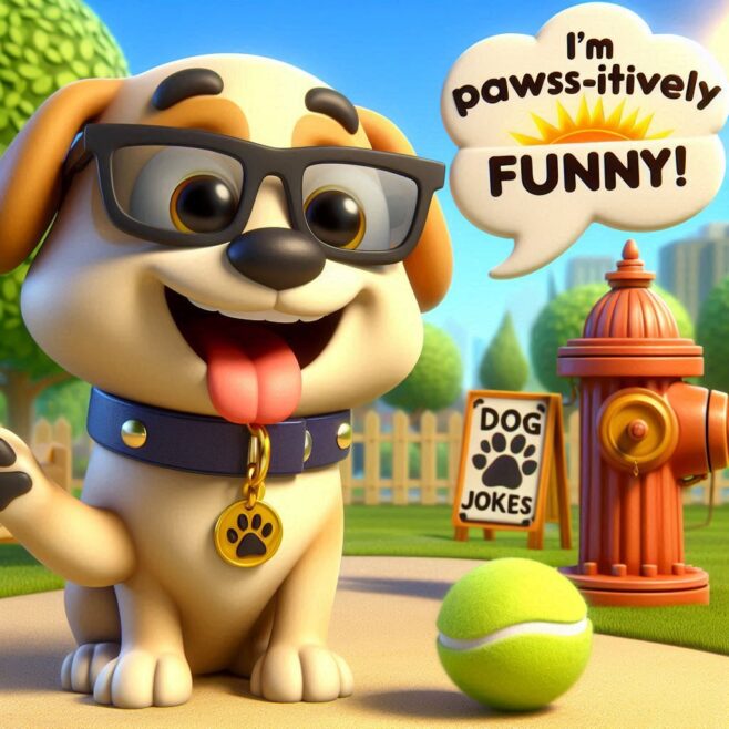 Excited dog with glasses by a fire hydrant, holding a tennis ball. Text: "I'm pawss-itive-ly FUNNY!"