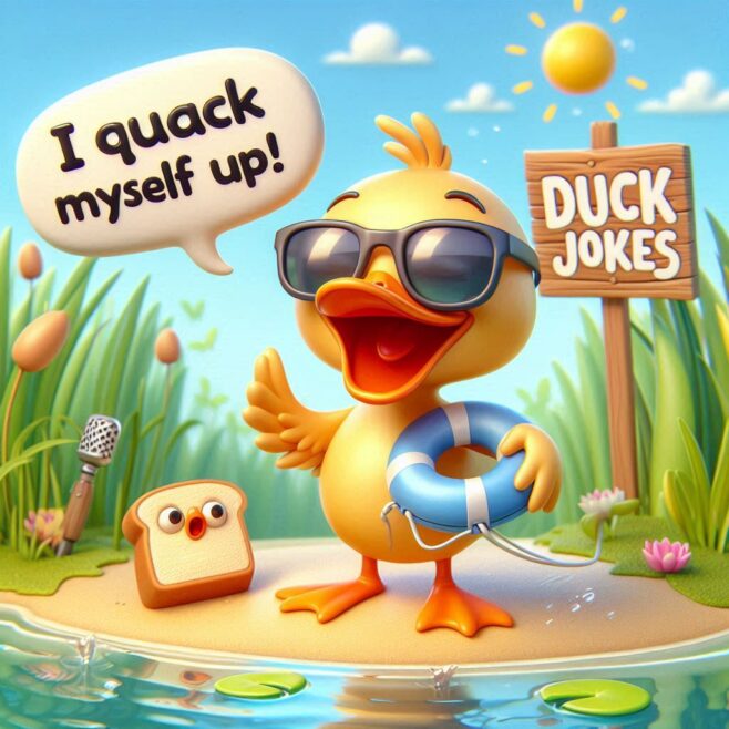 Cheerful duck wearing sunglasses by a pond, holding a lifebuoy, with a slice of bread and a sign for duck jokes.