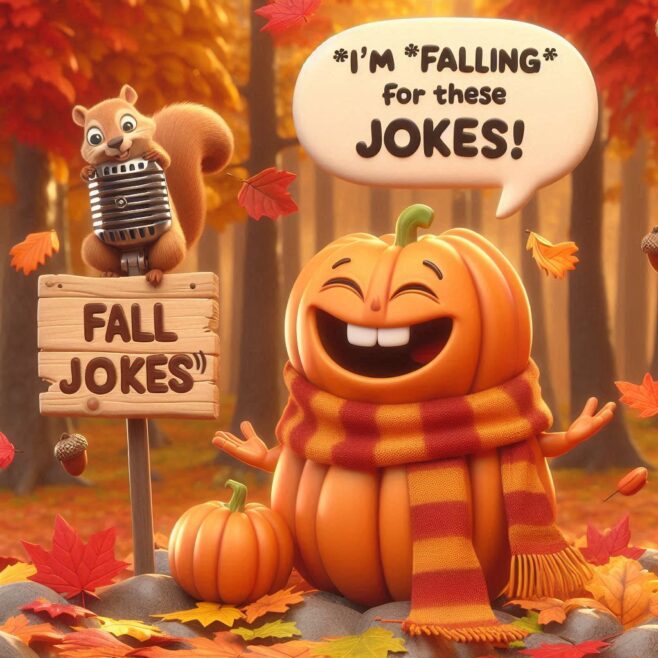 A cheerful pumpkin with a scarf and a squirrel beside a microphone in autumn leaves.