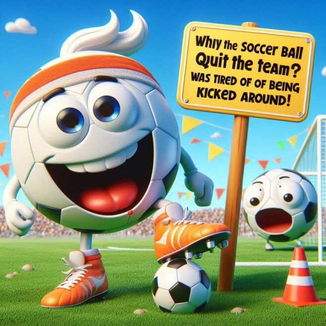 A cheerful soccer ball character with a smiling face and sneakers on a field, next to a funny sign.