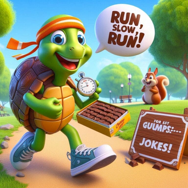 A cheerful turtle in sneakers holding a stopwatch, urging to run slowly, with a box of chocolates nearby.
