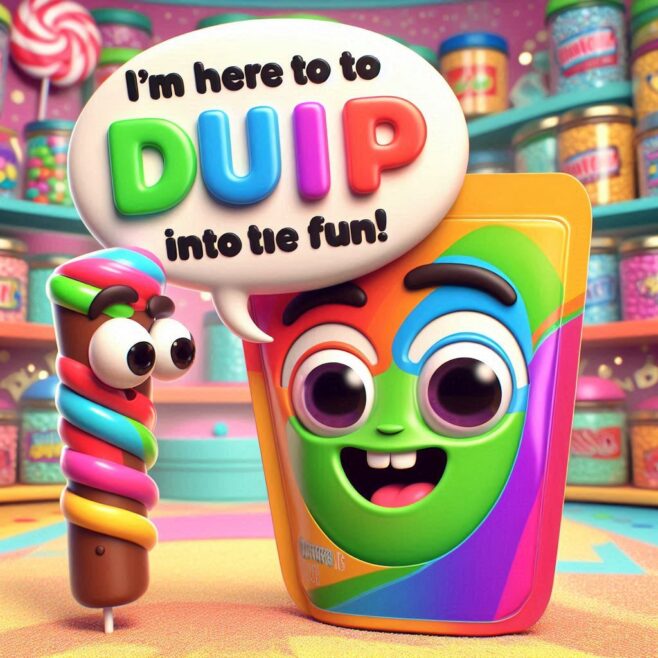 Colorful candy-themed scene with a smiling face and a fun ice cream character.