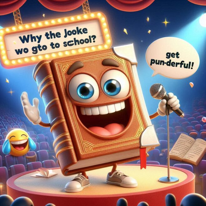 Book with big eyes and a microphone on stage, smiling and ready to tell a joke.