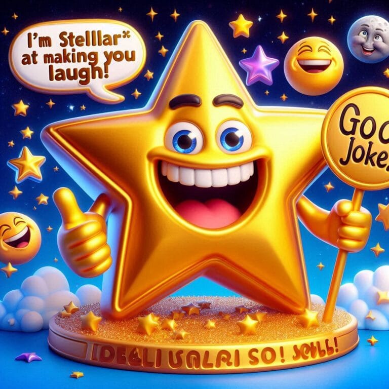A shiny, smiling star with big eyes and a cheeky grin, holding a sign that says 'Good Jokes!'