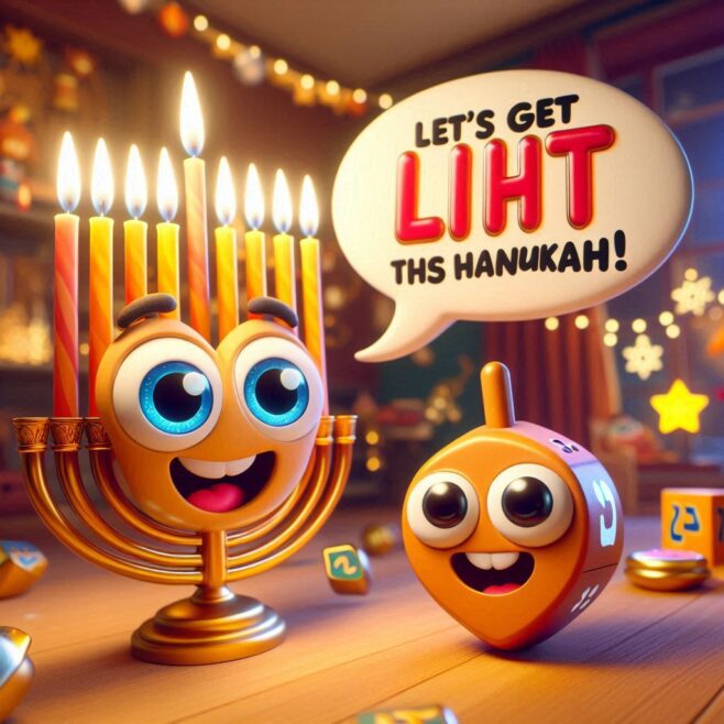 Colorful animated menorah and dreidel celebrating Hanukkah.