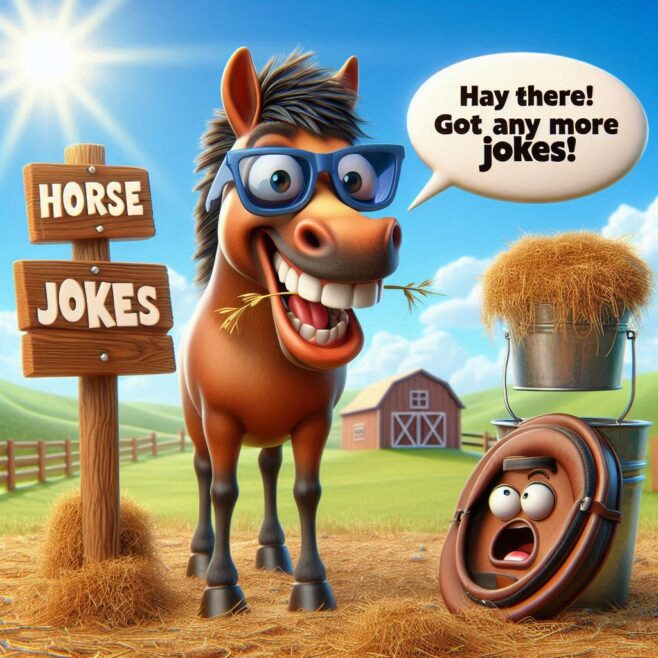 A horse in glasses smiles, asking for more jokes with a playful vibe.