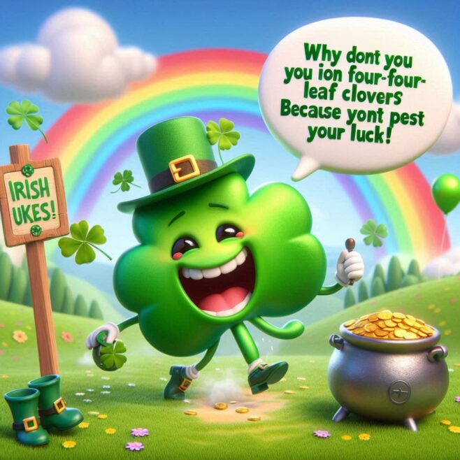 A cheerful green four-leaf clover character with a pot of gold, standing in a vibrant landscape with a rainbow.