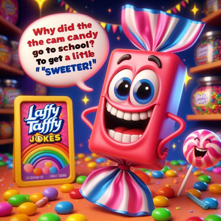 Cheerful candy character holds a joke about sweetness with colorful candy around.