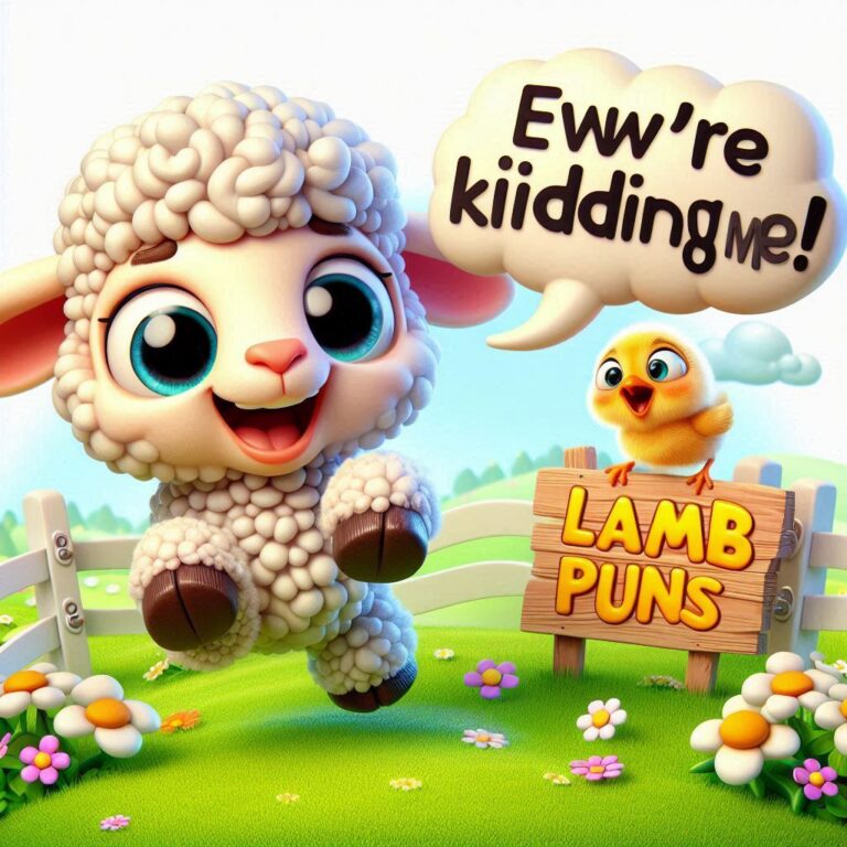 A fluffy sheep with big eyes smiles, saying 'Eww're kidding me!' with a bird beside a sign reading 'Lamb Puns'.