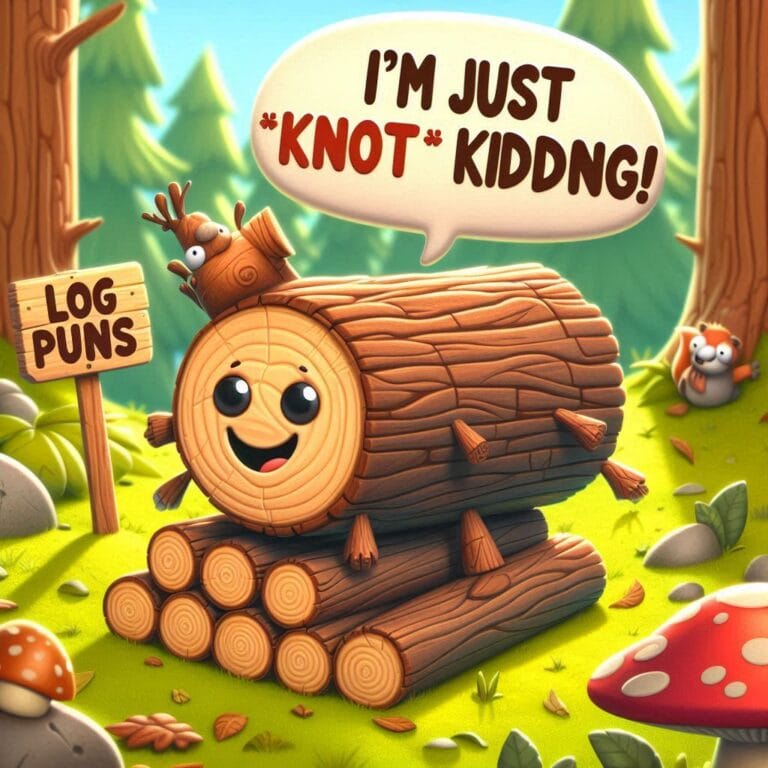A cheerful log with a smiling face surrounded by trees and critters, saying, "I’m just *knot* kidding!"