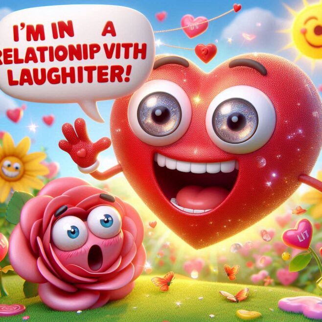 Cartoon heart character with big eyes and smile, surrounded by flowers and butterflies.