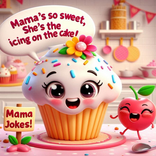 A cheerful cupcake with a smiling face, sprinkles, and a cherry buddy, sharing a joke.